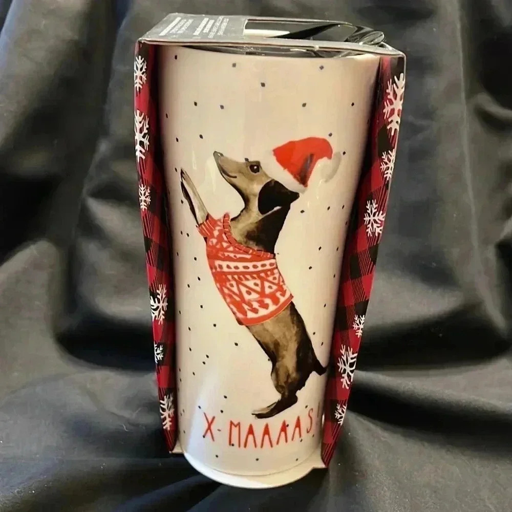 NIP Jumbo Ceramic Travel Mug -Dachshund -X-MAAAAS!- 15.2 Oz Porcelain